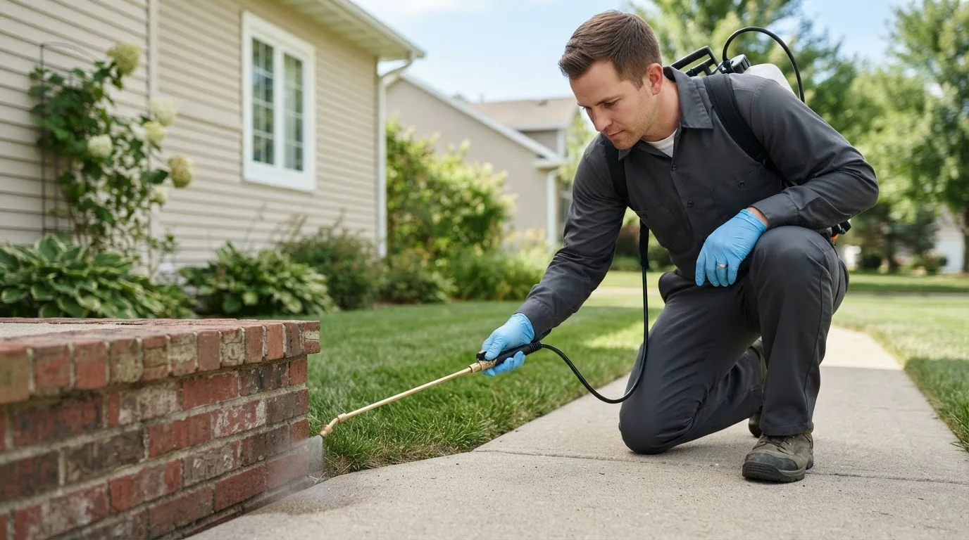 Pest control technician treating a home near Charles Town, WV